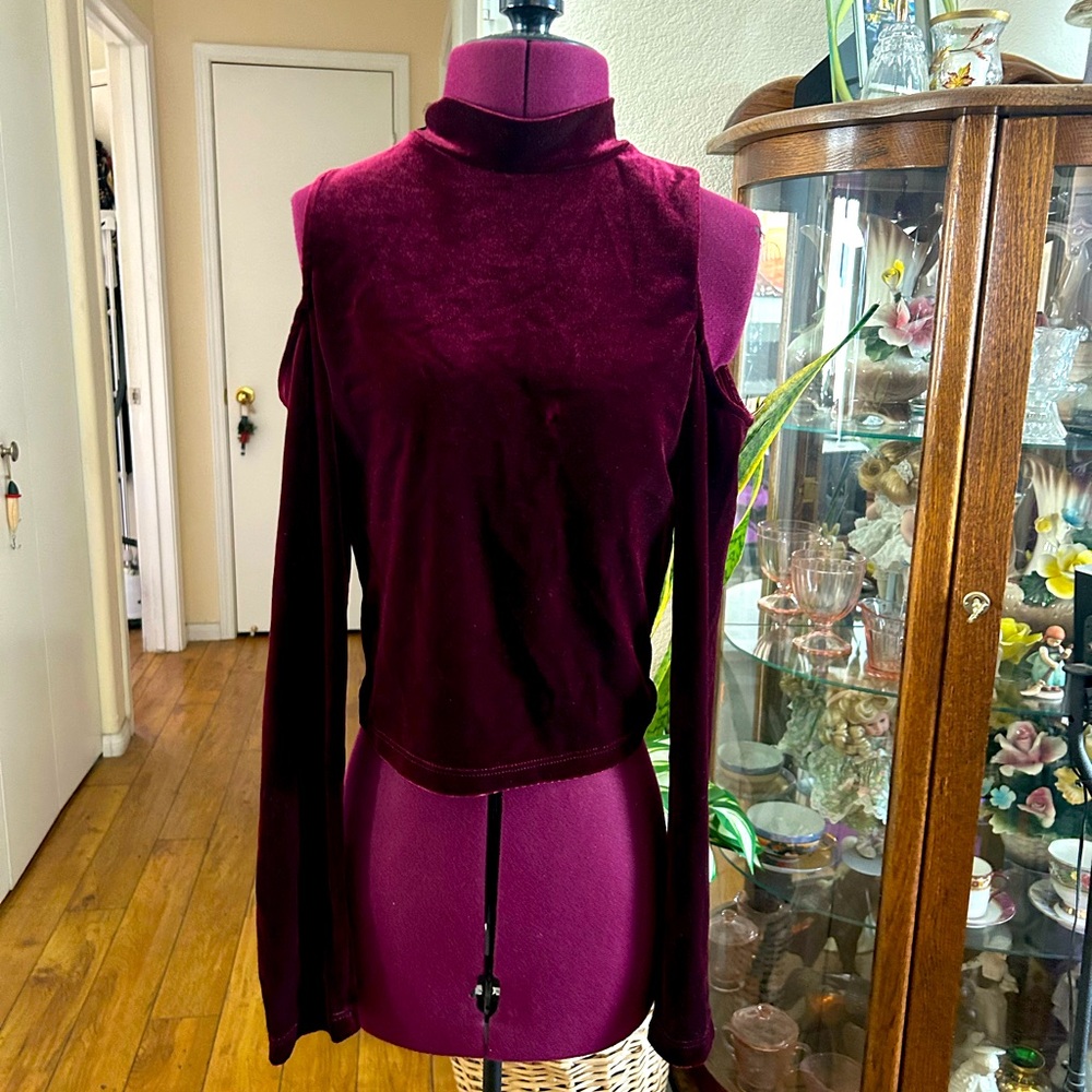 Red Velvet Type Material. Long Sleeves With Open Shoulders.